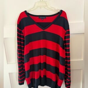 Tommy Hilfiger Red and Navy Striped V-Neck comfy Sweater Sie 2x